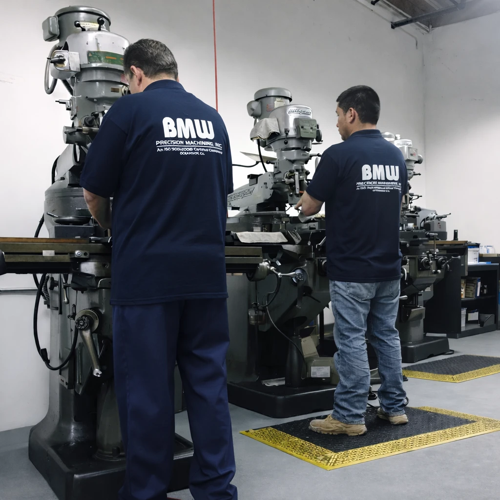 Machinists operating equipment inside the BMW Precision Machining CNC machine shop in Oceanside, CA.