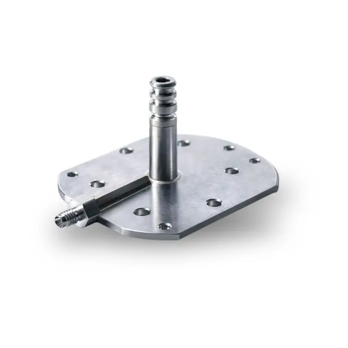 Precision custom hardware base plate assembly featuring an integrated vertical threaded fitting.