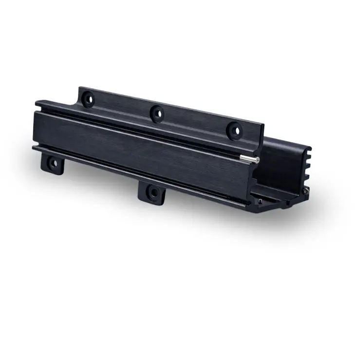 Black anodized structural enclosure component manufactured via precision machined parts techniques.