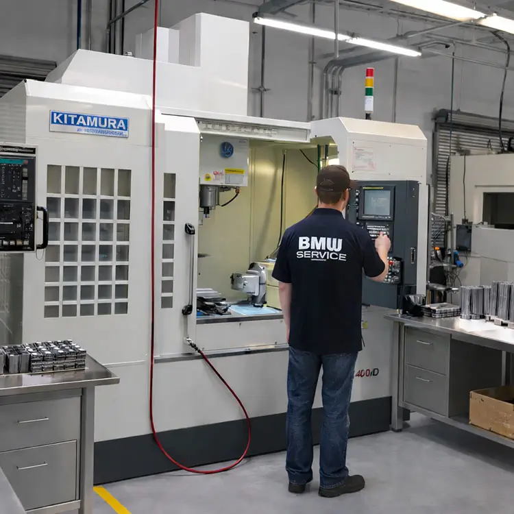Experienced machinist setting up a high-precision Kitamura CNC milling center for production.